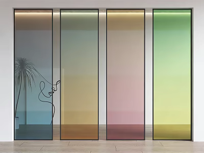 Colorful Gradient Glass Room Dividers With Plant And Abstract Line Art 3d model