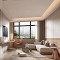 Modern Hotel Guest Room Interior With Comfortable Bed Sofa Work Desk And City View