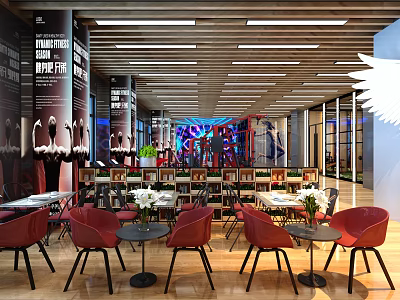 Vibrant Sports Fitness Lounge With Red Chairs Workout Posters And Training Gear 3d model