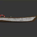 Traditional Wooden Boat With Red Lifebuoy Bucket And Oars For Water Transport