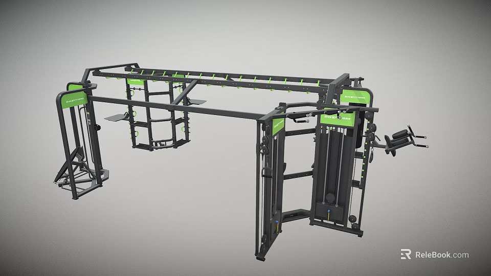 Multi Functional Gym Training Equipment With Black Green Structure And Multiple Workout Stations 3d model 