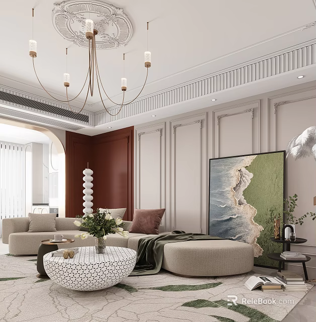 Elegant Dining Living Room Interior With Chandelier Sofa And Decorative Painting On Paneled Walls 3d model 