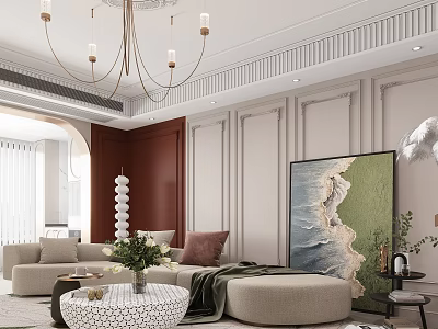 Elegant Dining Living Room Interior With Chandelier Sofa And Decorative Painting On Paneled Walls 3d model