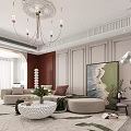 Elegant Dining Living Room Interior With Chandelier Sofa And Decorative Painting On Paneled Walls