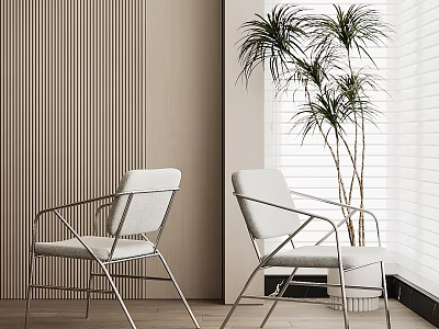 Modern White Accent Chairs With Metal Frame Against Vertical Striped Wall Blinds And Palm Plant 3d model