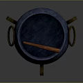 Blue Cooking Pot With Handles On Metal Stand Over Wood Log Fire