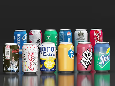 Assorted Canned Beverages Collection With Colorful Designs And Various Brands 3d model