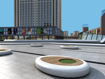 Modern Plaza Landscape With Circular Grass Topped Benches And Surrounding High Rise Buildings 3d model