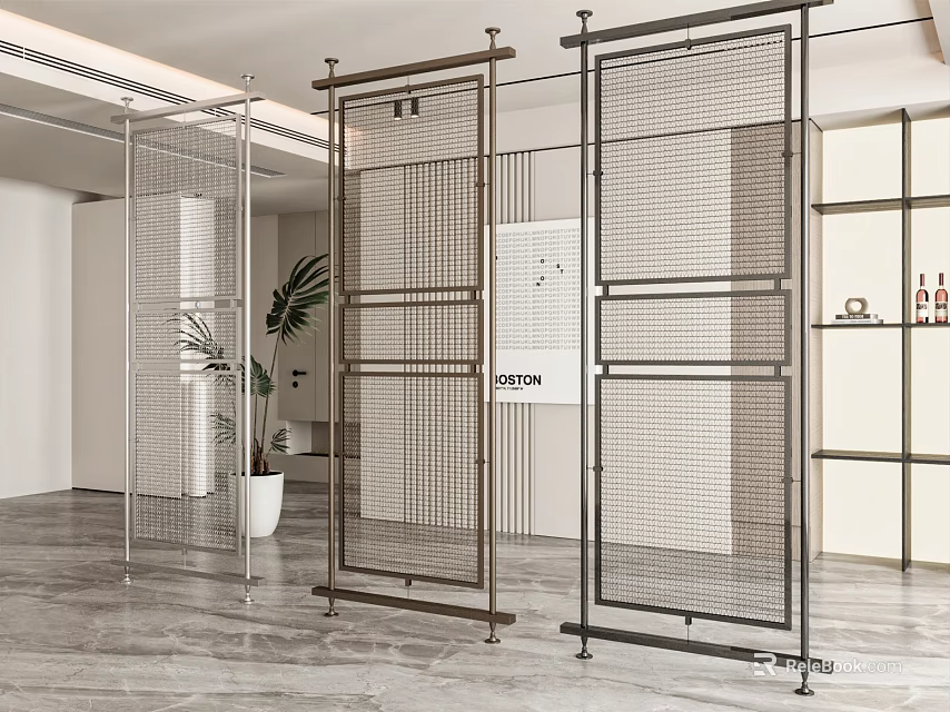Modern Room Divider With Metal Frame Grid Design In Interior Space 3d model