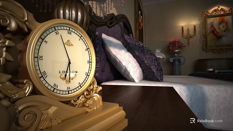 Golden Clock With Roman Numerals On Dark Wooden Table In Bedroom With Purple White Pillows 3d model 