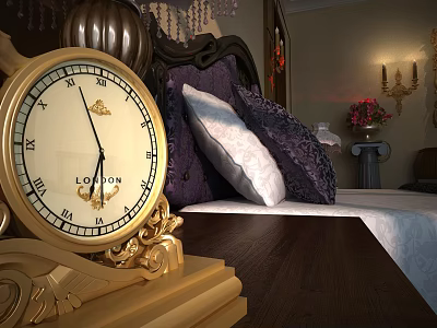 Golden Clock With Roman Numerals On Dark Wooden Table In Bedroom With Purple White Pillows 3d model