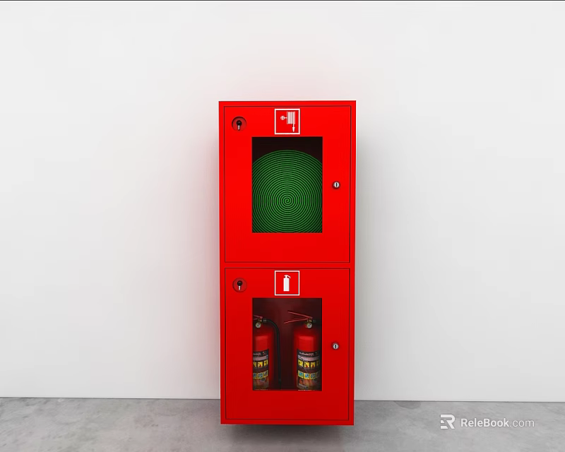 Red Fire Cabinet Mounted On White Wall With Glass Doors And Fire Extinguishers 3d model 
