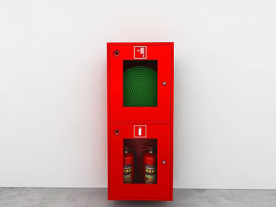 Red Fire Cabinet Mounted On White Wall With Glass Doors And Fire Extinguishers 3d model