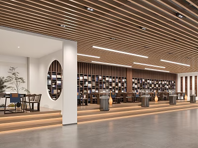 Artistic Book Art Interior Design With Wooden Slatted Ceiling Circular Bookshelf Numerous Bookshelves And Tables 3d model