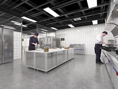 Commercial Catering Kitchen Interior With Chefs Working At Stainless Steel Worktables And Commercial Appliances 3d model