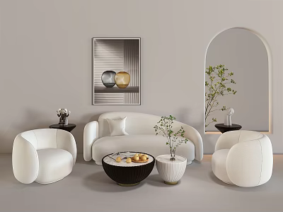 White Curved Sofa And Coffee Table Set With Accent Chairs Green Plants Arched Mirror 3d model