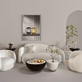 White Curved Sofa And Coffee Table Set With Accent Chairs Green Plants Arched Mirror
