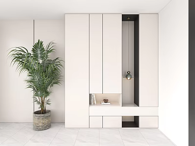 Modern White Shoe Cabinet With Storage Drawers And Indoor Plant In Minimalist Interior 3d model