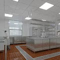 Commercial Kitchen Stainless Steel Tableware Set With Chefs Working On Tile Floor And Windows