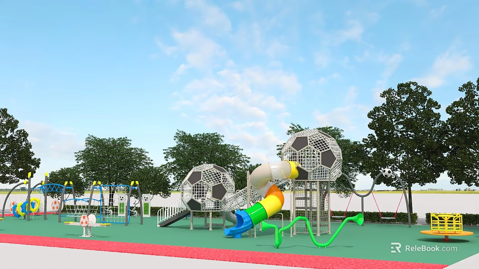 Outdoor Playground Equipment With Soccer Shaped Climbing Structures Colorful Slides Green Flooring And Trees 3d model 