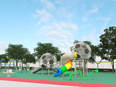 Outdoor Playground Equipment With Soccer Shaped Climbing Structures Colorful Slides Green Flooring And Trees 3d model