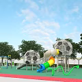 Outdoor Playground Equipment With Soccer Shaped Climbing Structures Colorful Slides Green Flooring And Trees