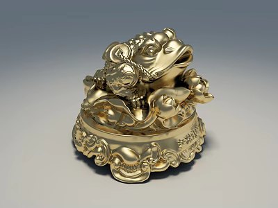 Golden Three Legged Toad Decorative Ornament Set With Carved Base And Fortune Symbol 3d model