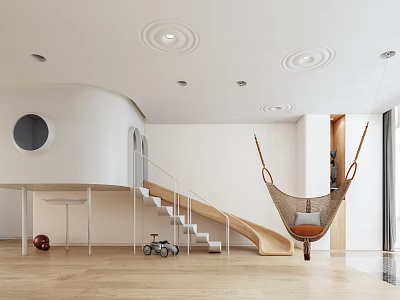 Kindergarten Room With White Walls Round Window Staircase Slide Hammock Toy Car And Red Ball 3d model