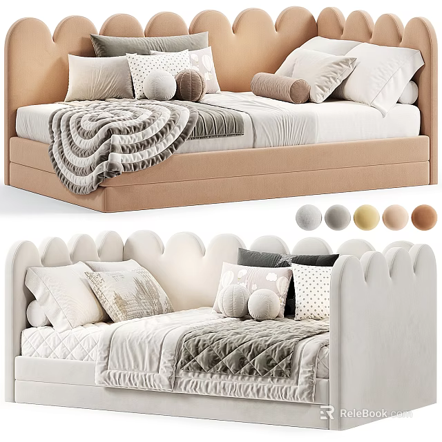 Kids Bed With Cloud Shaped Upholstered Headboard Cozy Pillows Blanket And Multiple Color Options 3d model 