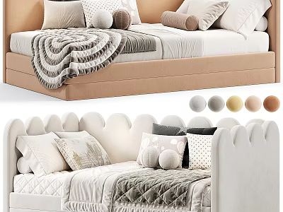 Kids Bed With Cloud Shaped Upholstered Headboard Cozy Pillows Blanket And Multiple Color Options 3d model