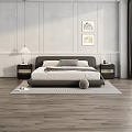 Modern Double Bed with Grey Headboard White Mattress Side Tables Bedside Lamp and Wall Art
