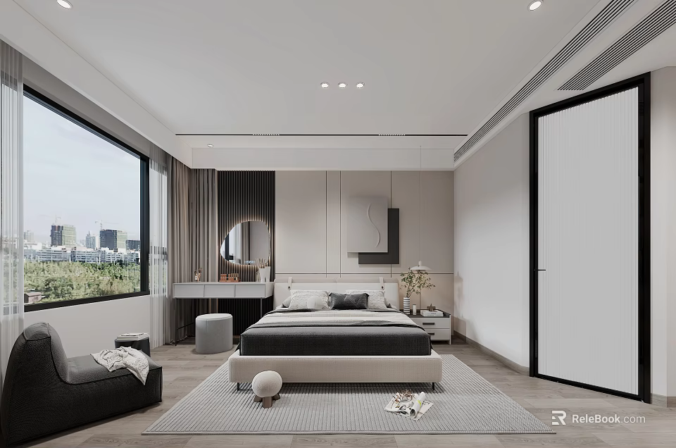 Modern Bedroom Interior With King Size Bed City View Window And Dressing Table 3d model
