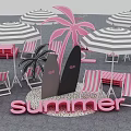 Summer Interactive Zone With Pink Palm Trees Black White Striped Umbrellas And Surfboards