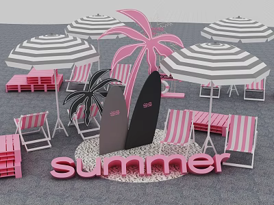 Summer Interactive Zone With Pink Palm Trees Black White Striped Umbrellas And Surfboards 3d model
