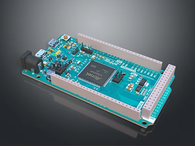 Green Microcontroller Development Board With Electronic Components Pin Headers And Chip 3d model