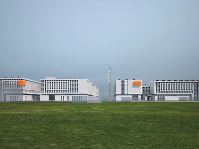 Modern Industrial Park with White Buildings and Orange Signs on Green Lawn with Distant Tower 3d model