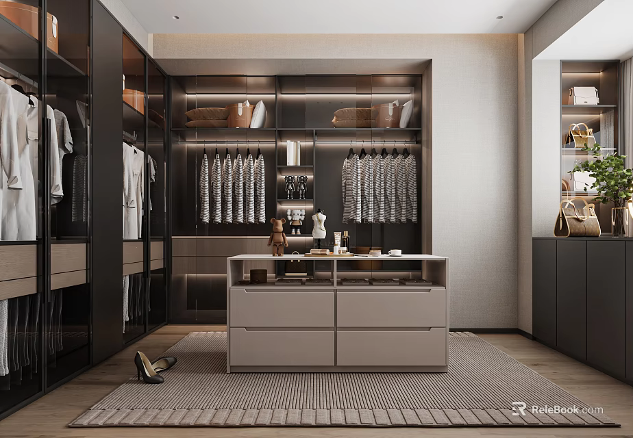 Modern Walk In Closet Interior With Wardrobes Clothing Shoes And Bags 3d model 