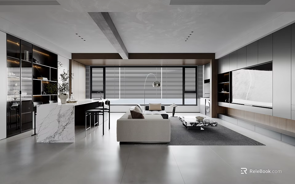 Modern Living Dining Room Interior Design With Large Windows Sofa Coffee Table Marble Flooring And Lighting 3d model 