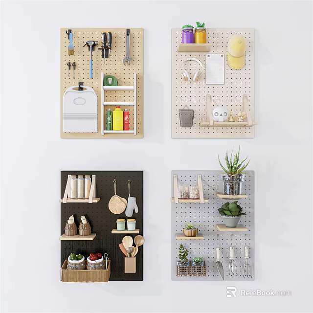 Stylish Wall Decor Designs Featuring Pegboard Shelves Hanging Utensils And Green Plants Storage 3d model 