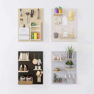 Stylish Wall Decor Designs Featuring Pegboard Shelves Hanging Utensils And Green Plants Storage 3d model