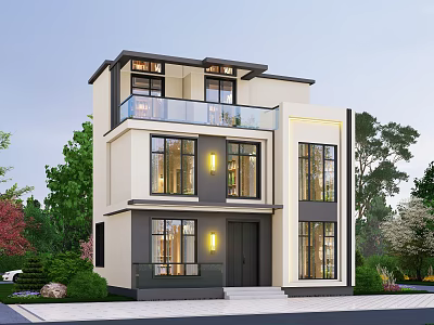 Modern Two Story Detached Villa With Large Windows Balcony And Greenery 3d model