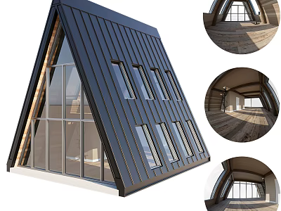 Modern Detached House With Triangular Black Metal Roof Large Glass Windows And Wooden Interior 3d model