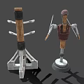 Wooden Metal Training Weapon Target With Humanoid Structure And Multiple Knives On Stand Rack