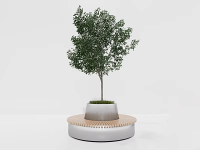 Modern Round Outdoor Chair with Wooden Accent Silver Base White Planter and Small Tree 3d model