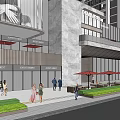 Modern Commercial Street With Glass Facade Outdoor Seating Pedestrians And High Rise Buildings
