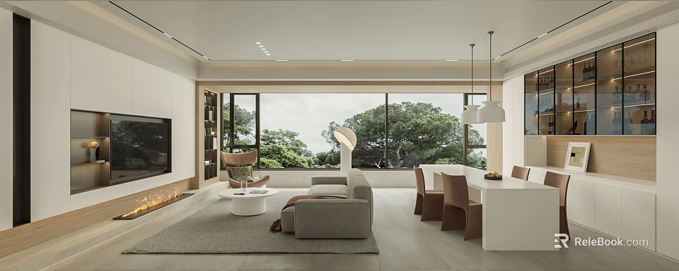 Modern Living and Dining Room Interior With Sofa Dining Table Large Windows Pendant Lights And Natural View 3d model 