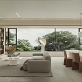 Modern Living and Dining Room Interior With Sofa Dining Table Large Windows Pendant Lights And Natural View