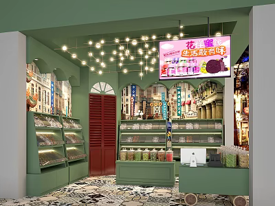 Green Decor Specialty Store With Shelves Handmade Candy Products And Decorative Lights 3d model