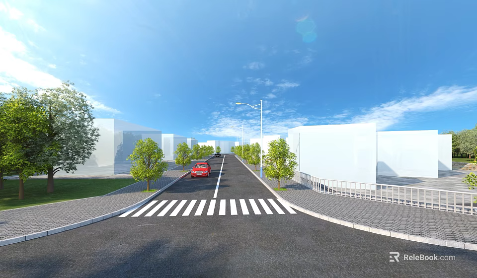 Municipal Road With Crosswalk Red Car Street Lamps Green Trees And White Buildings 3d model 
