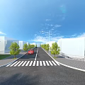 Municipal Road With Crosswalk Red Car Street Lamps Green Trees And White Buildings